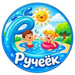 Логотип детского бассейна Ручеёк с волной и детьми